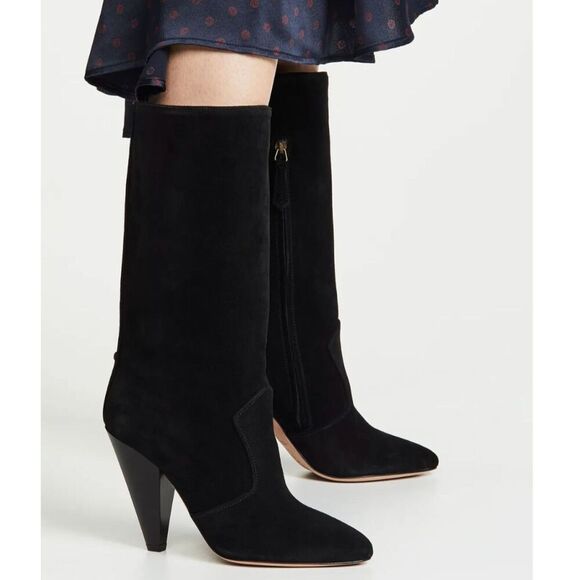 Veronica Beard Olivia Boots Black Suede Nuback Mid Calf Heeled Boots Size 6 - Picture 1 of 9